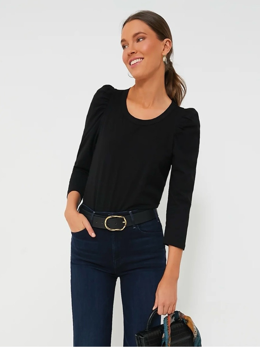 Pomander Place Vesty Black Puff-Sleeve Long-Sleeve Crewneck